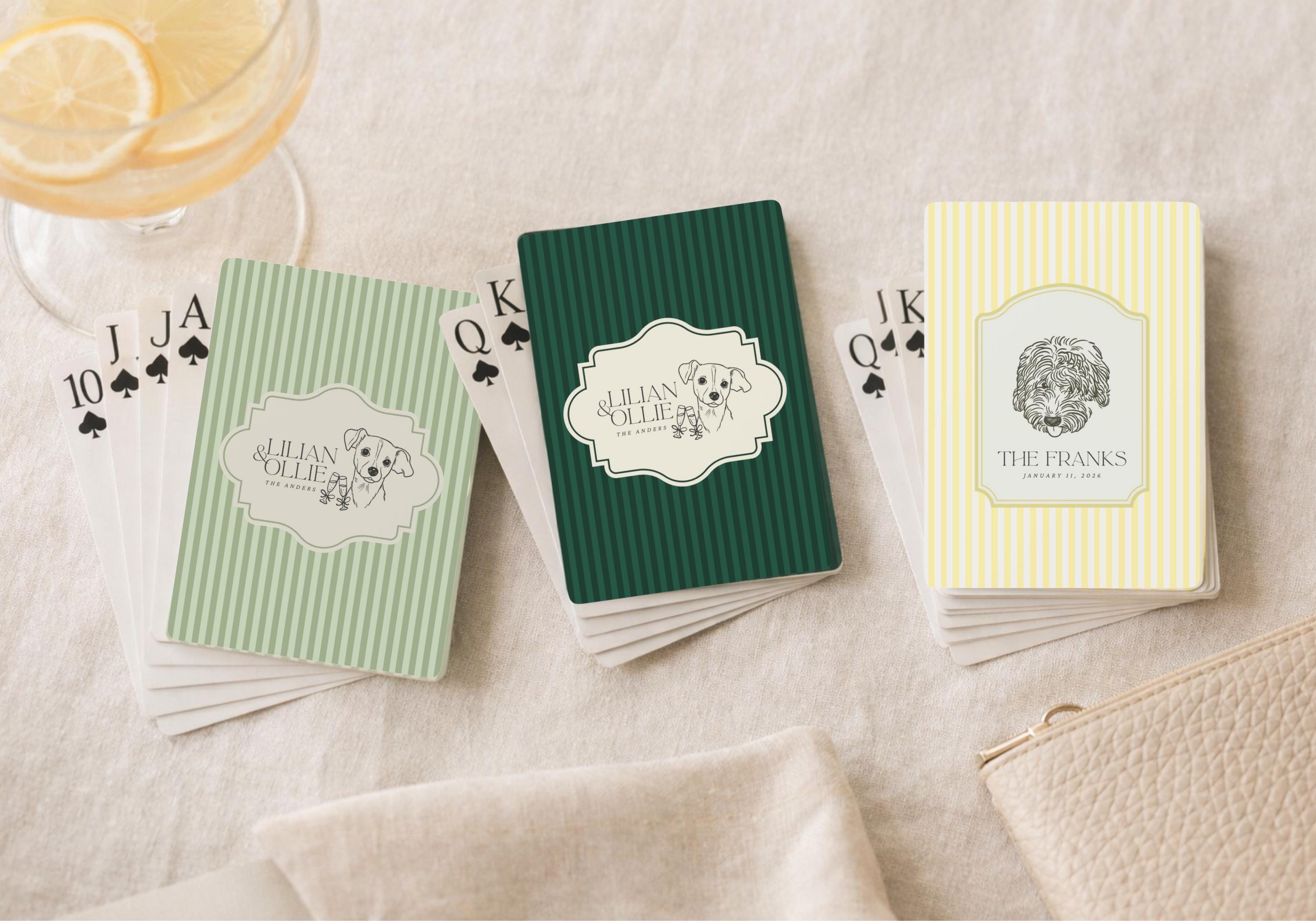 May include: Three decks of custom playing cards with dog illustrations. One deck is green with vertical stripes, another is light green with vertical stripes, and the third is yellow with vertical stripes. Each deck has a unique dog illustration and personalized text.