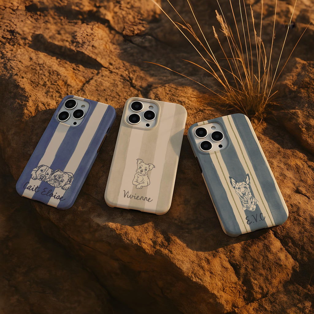 Three phone cases with striped designs and names on a textured brown surface