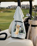 Golf towel with a yellow lab dog illustration and 'Molly' text on a golf cart