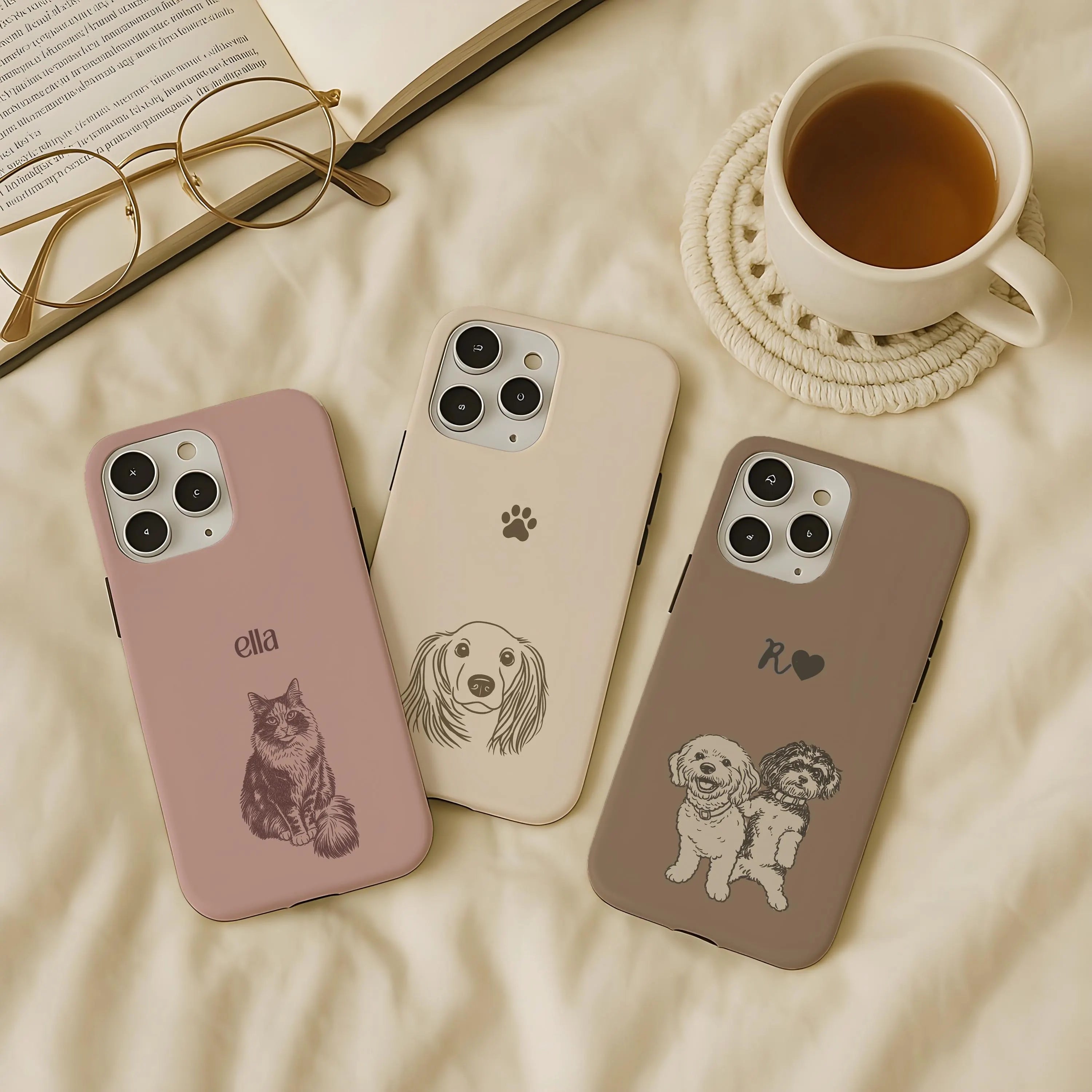 Three phone cases with custom pet illustrations on a surface with a cup of tea and glasses.