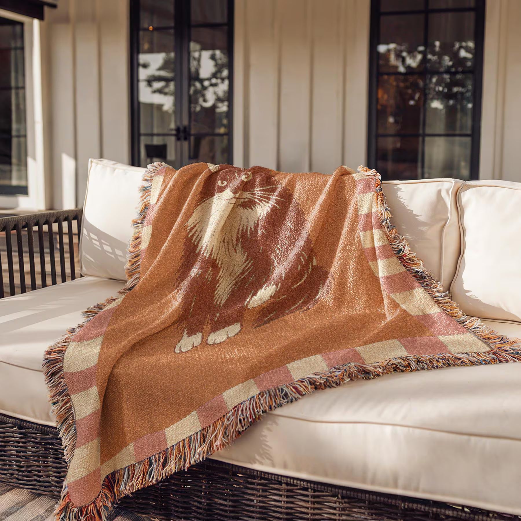 Orange and pink checkered throw blanket with cat illustration on a white outdoor sofa