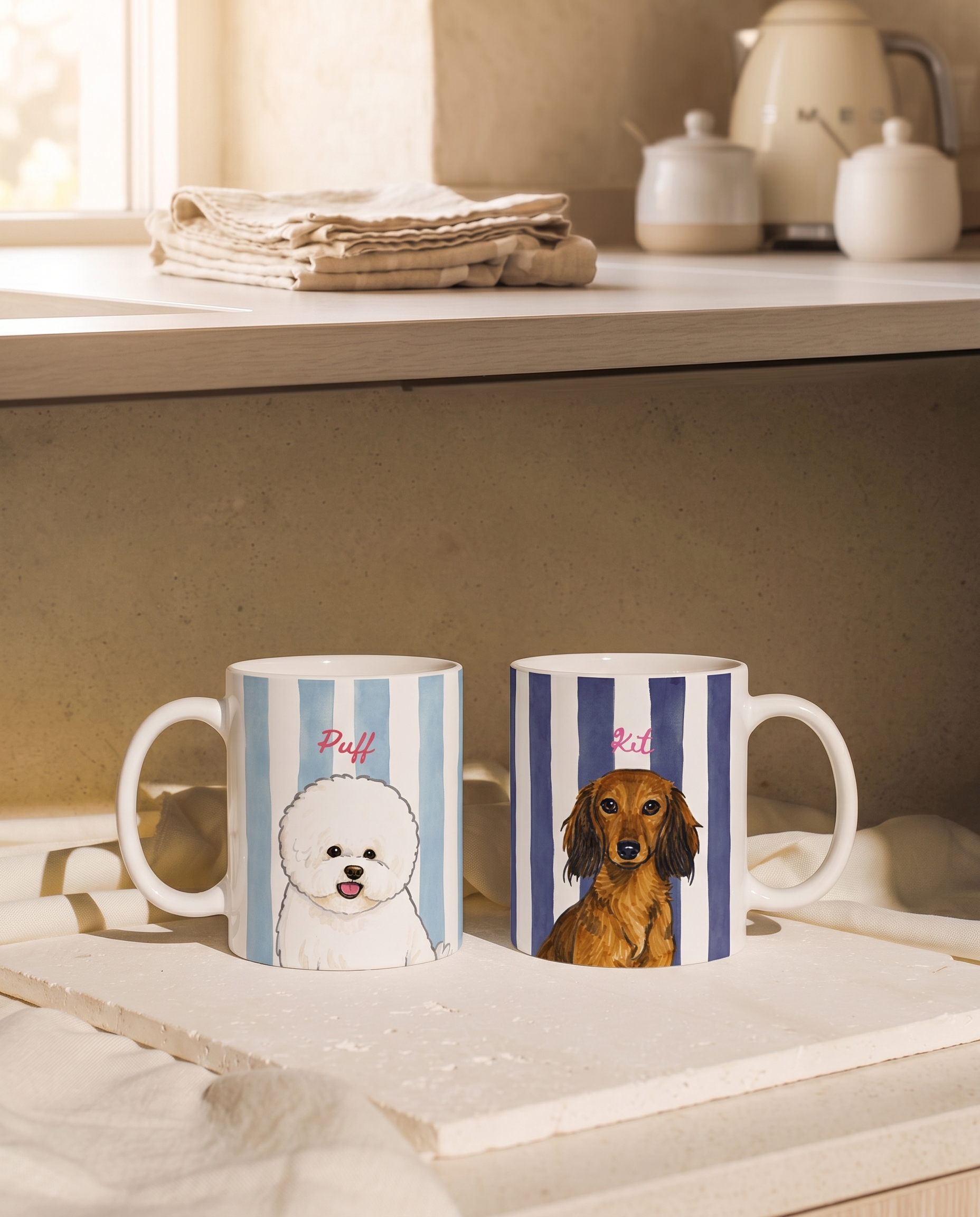Two ceramic mugs with blue and white vertical stripes, shown on a tabletop in a warm kitchen setting. One mug features a white dog illustration with the name 'Puff' in red, and the other features a brown dachshund with the same red text.