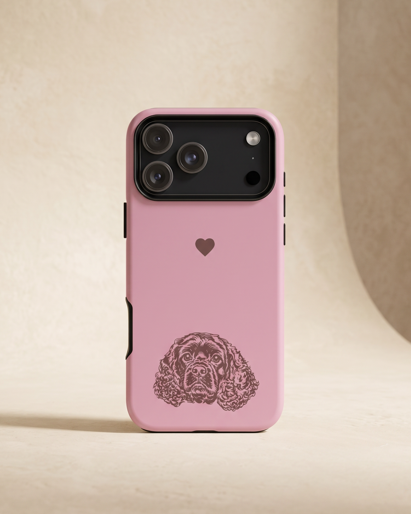 Pink phone case with a heart and dog design on a beige background