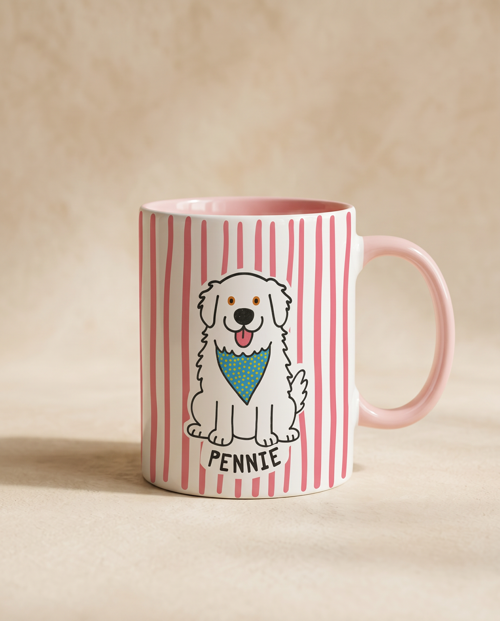 Pink mug with a dog illustration and 'Pennie' text on a beige background