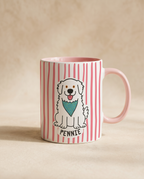 Pink mug with a dog illustration and 'Pennie' text on a beige background