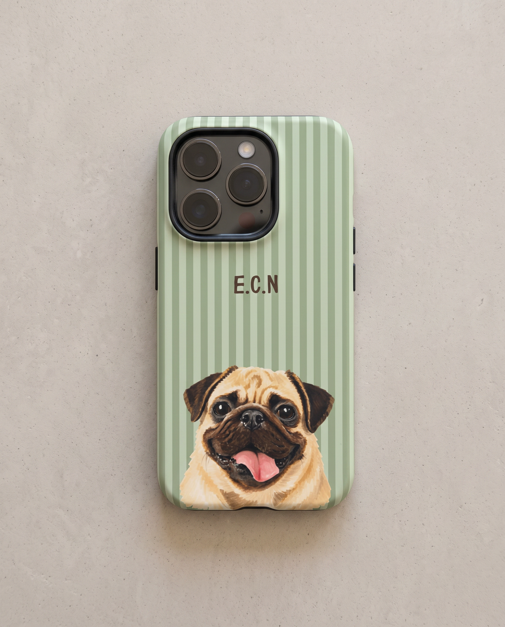 A personalized phone case with a light green and white vertical stripe pattern, featuring a hand-painted pug dog illustration at the bottom and the initials 'E.C.