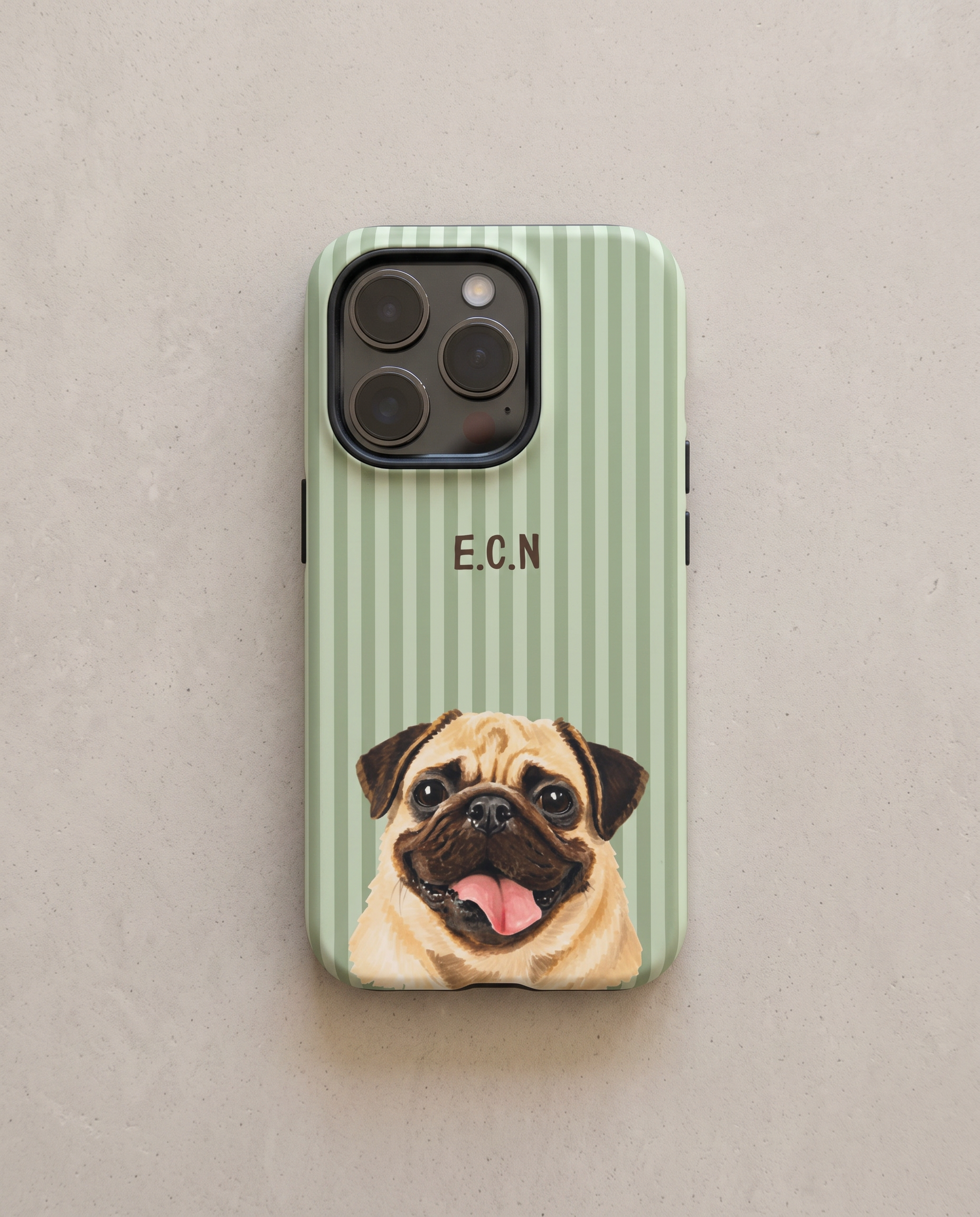 A personalized phone case with a light green and white vertical stripe pattern, featuring a hand-painted pug dog illustration at the bottom and the initials 'E.C.