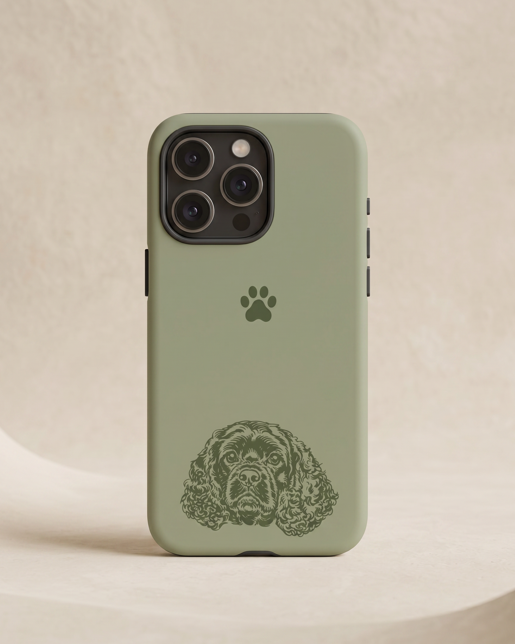 Green phone case with a paw print design on a beige background