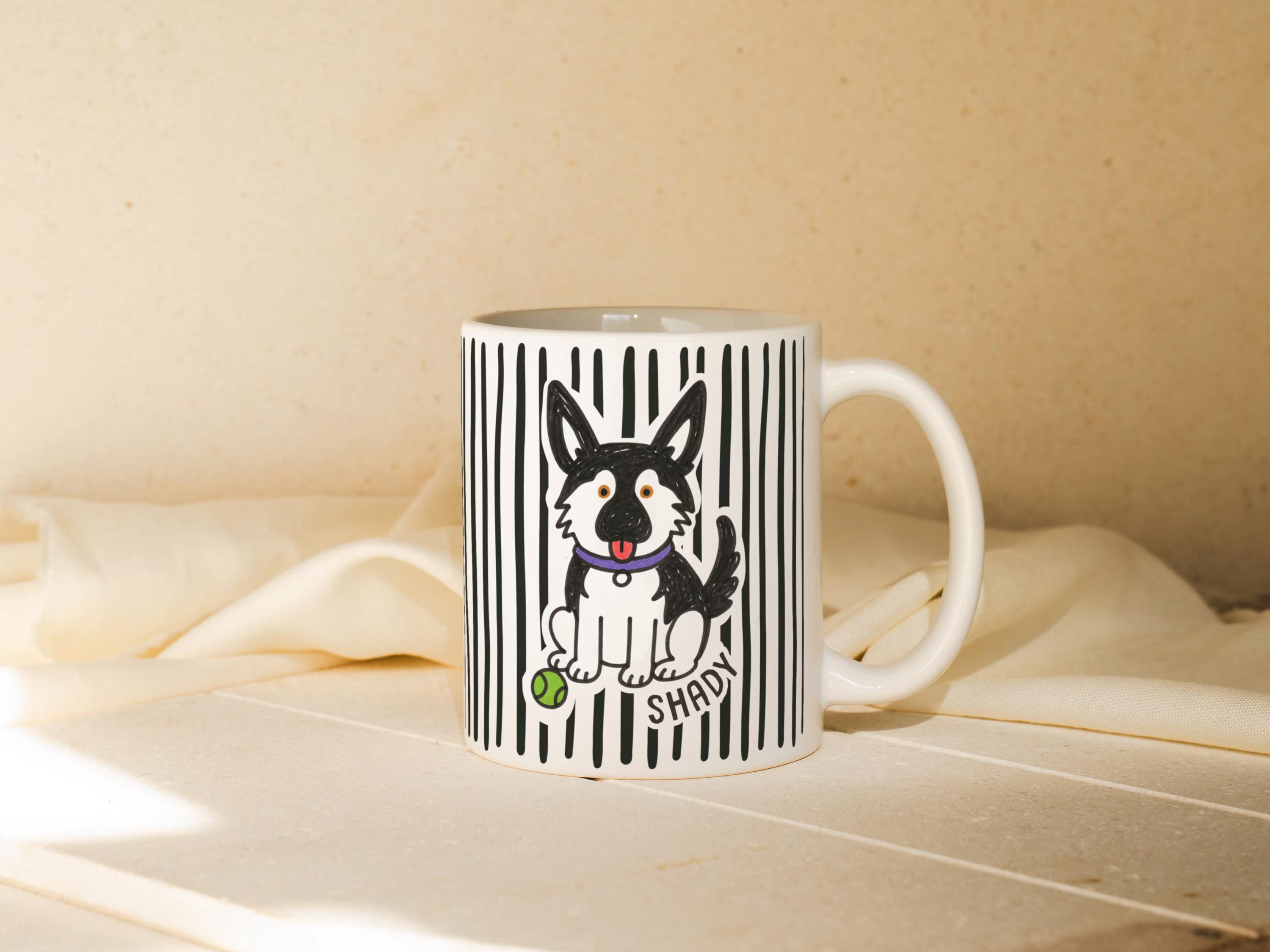 Mug with a cartoon dog illustration and 'Shady' text on a beige background