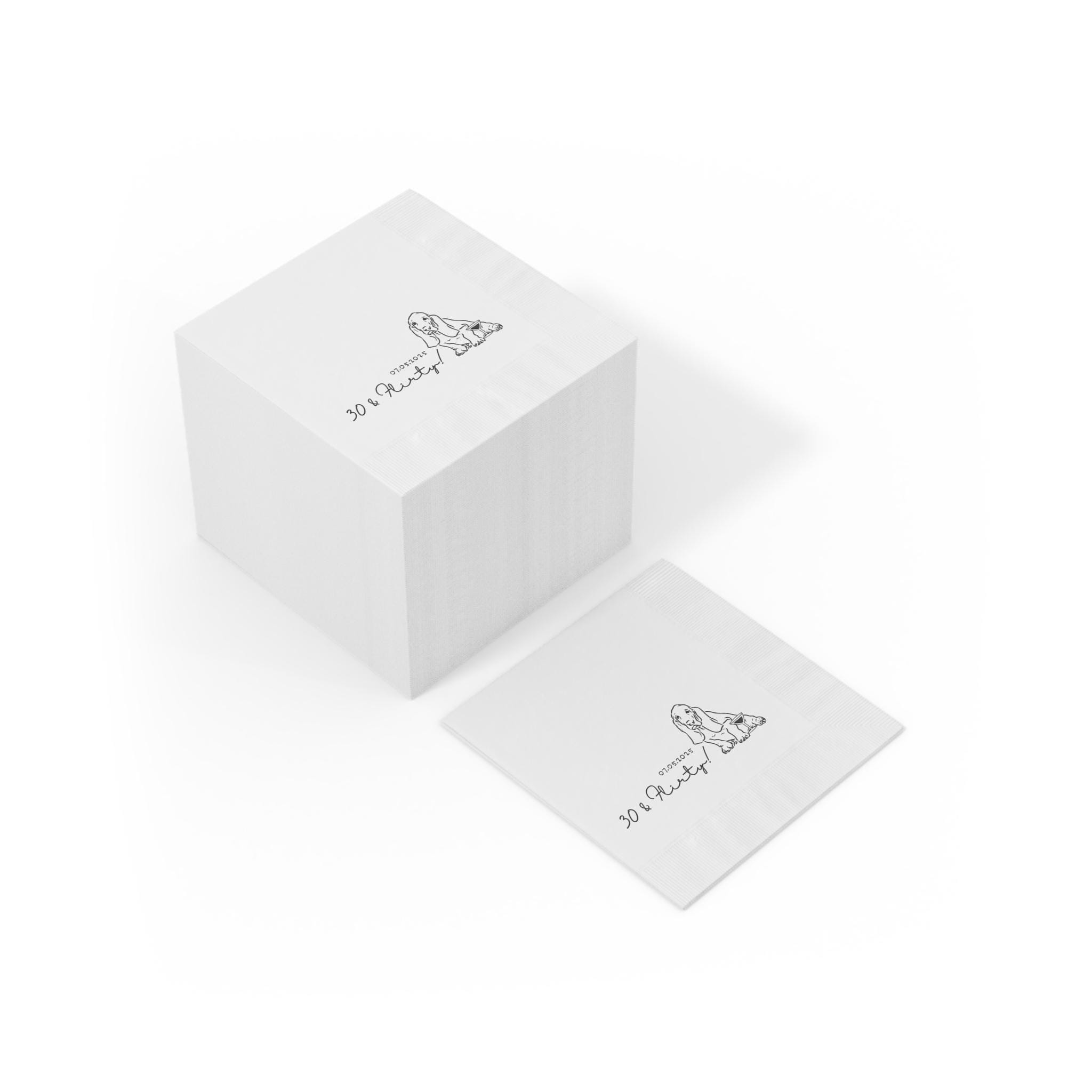 stack of cocktail napkins with last name and dog