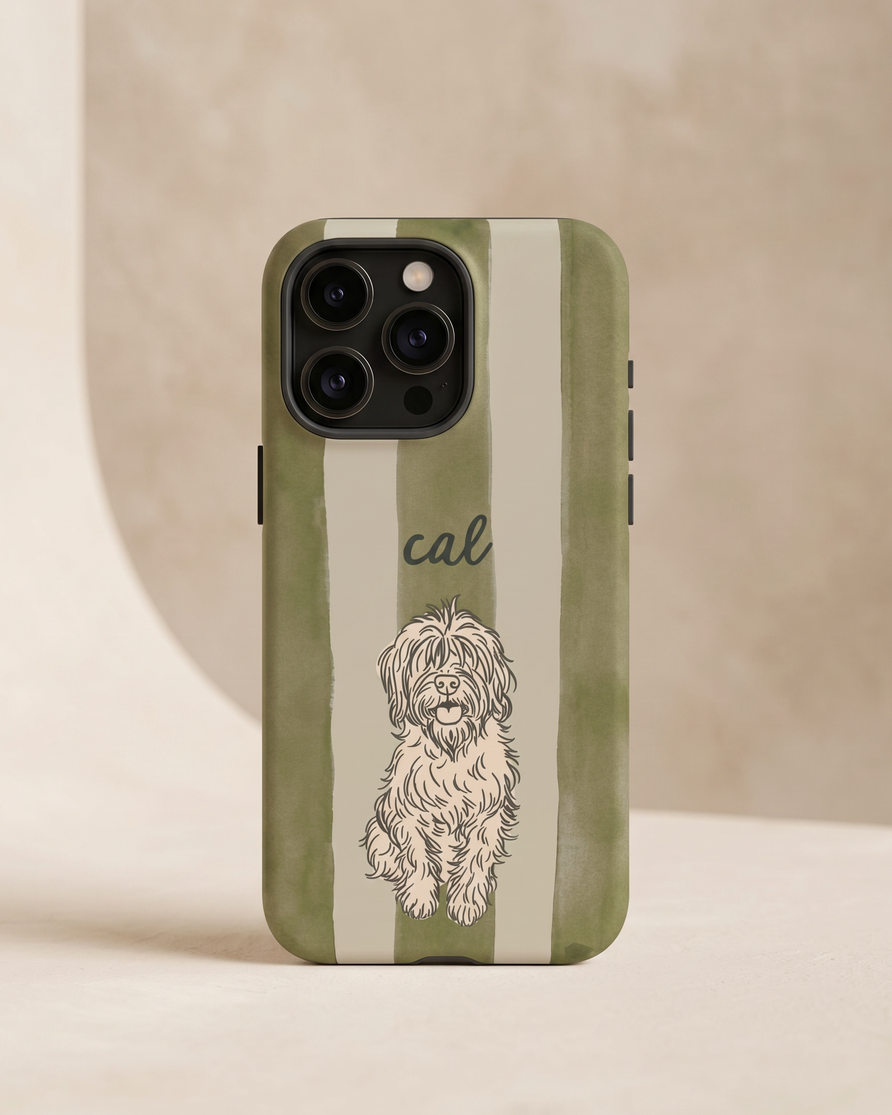 Phone case with a dog illustration and 'cal' text on a striped background