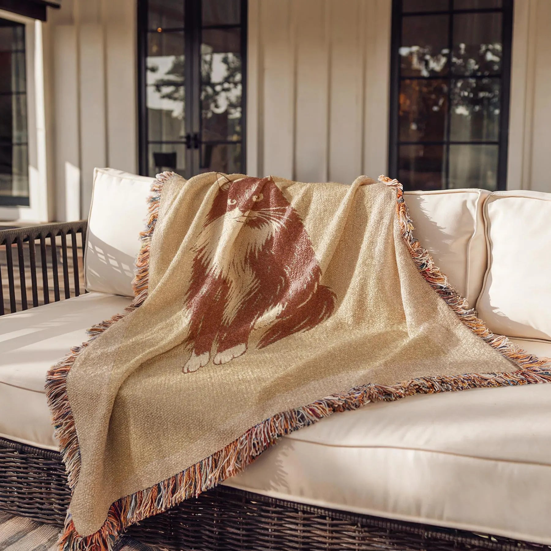 Beige blanket with a brown animal design draped over a white outdoor sofa.